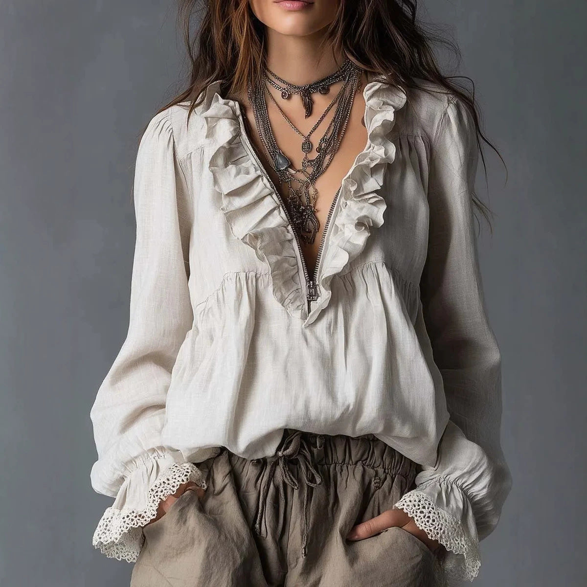 Ruffle Trim V-Neck Flared Cuff Long Sleeve Blouse