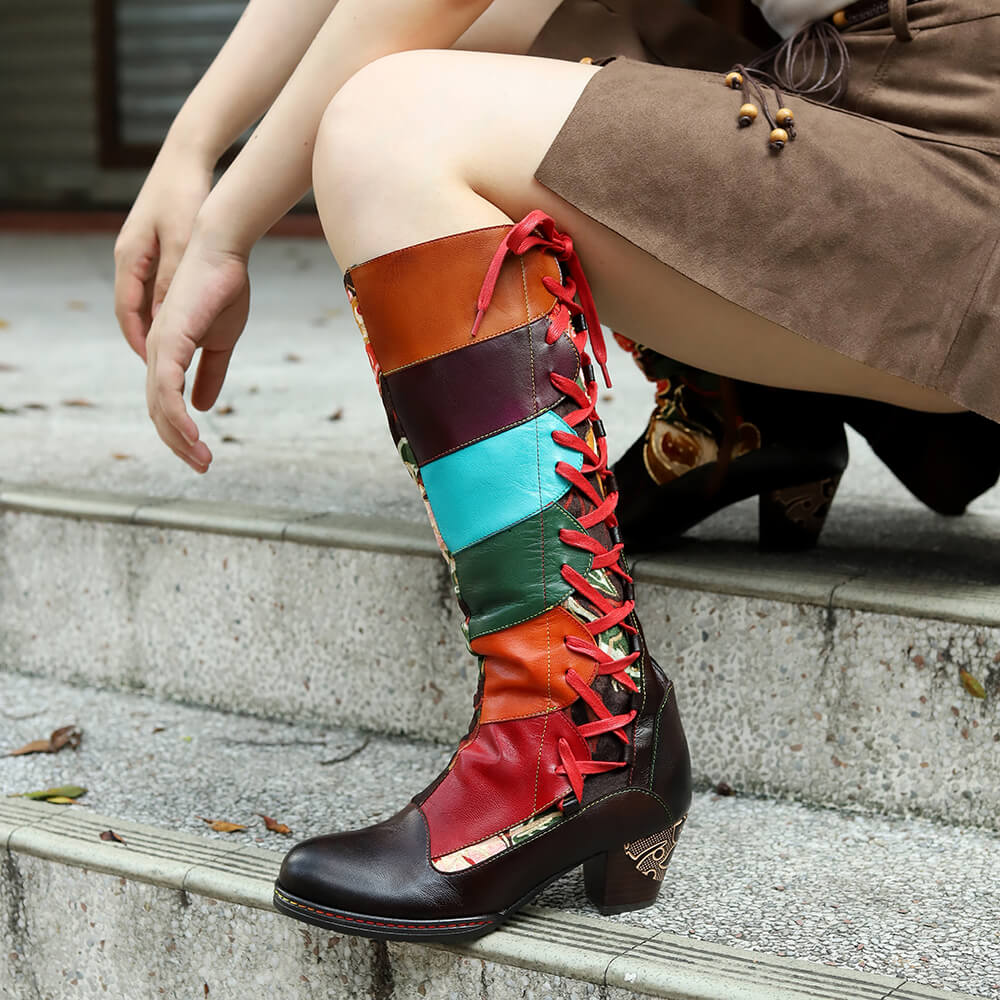 Leather Handmade Embossed Adjustable Boots