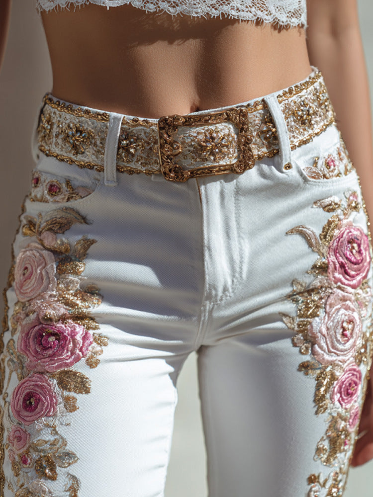 Womens Denim Jeans With Colorful 3D Floral Prints