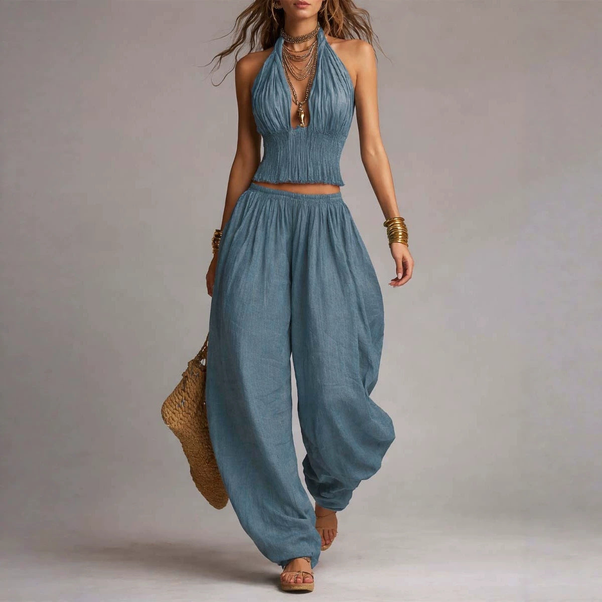 Sleeveless Backless Halter Top & Wide-Leg Pants Set