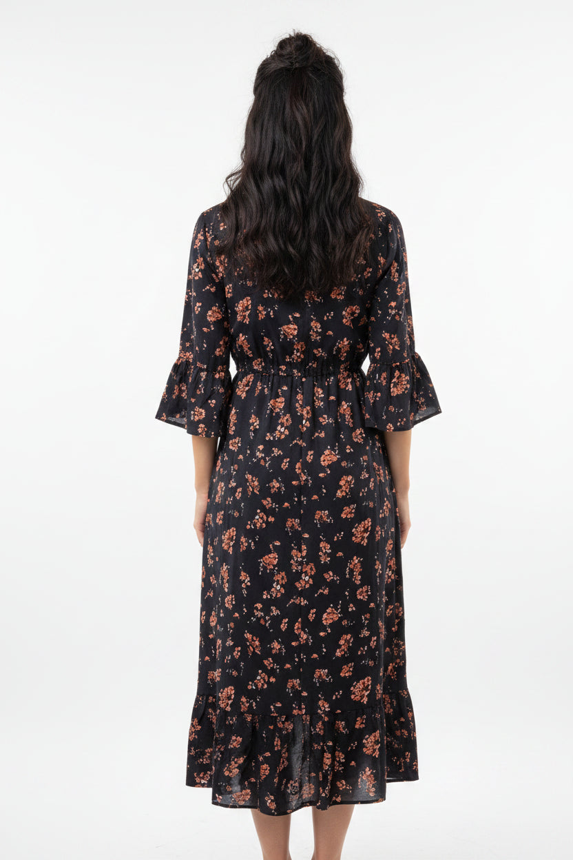 Floral Printed Denim Patchwork Midi Dress — A-Line Half Sleeve