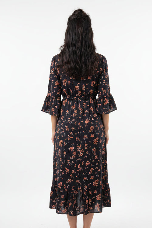 Floral Printed Denim Patchwork Midi Dress — A-Line Half Sleeve