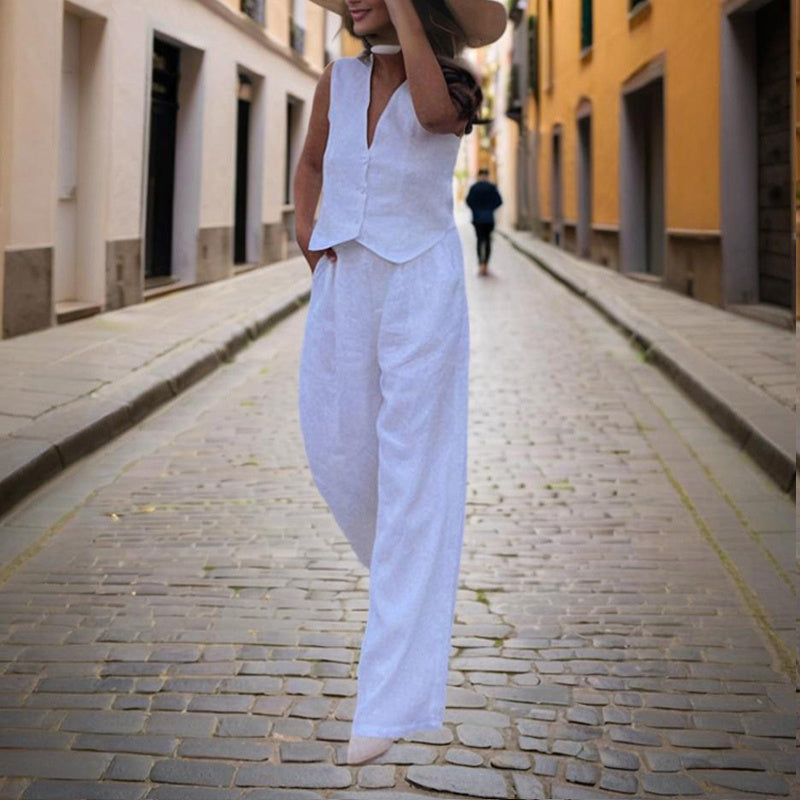 V‑Neck Button‑Front Vest & High‑Waist Pants Set