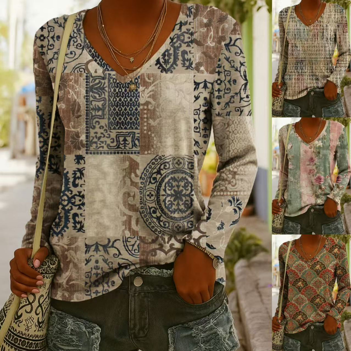 Ethnic Print V-Neck Long-Sleeve Pullover Top