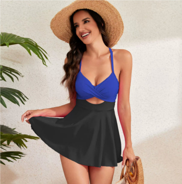 Cutout Sling One-Piece Swimsuit – Built-In Chest Pad & Skirt Hem