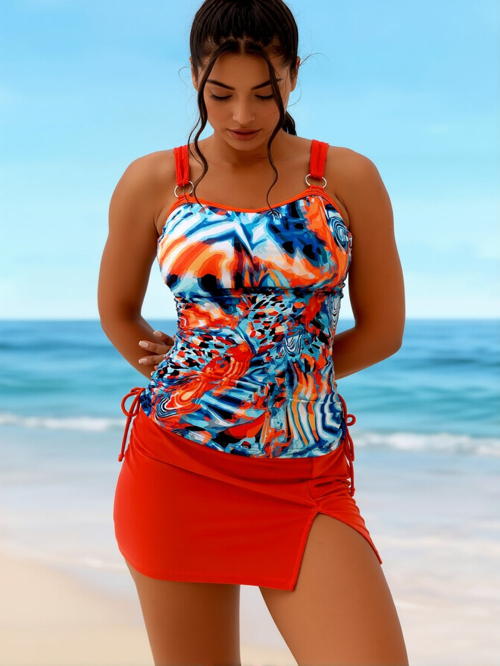 Off-Shoulder Tie Tankini Swimsuit Set