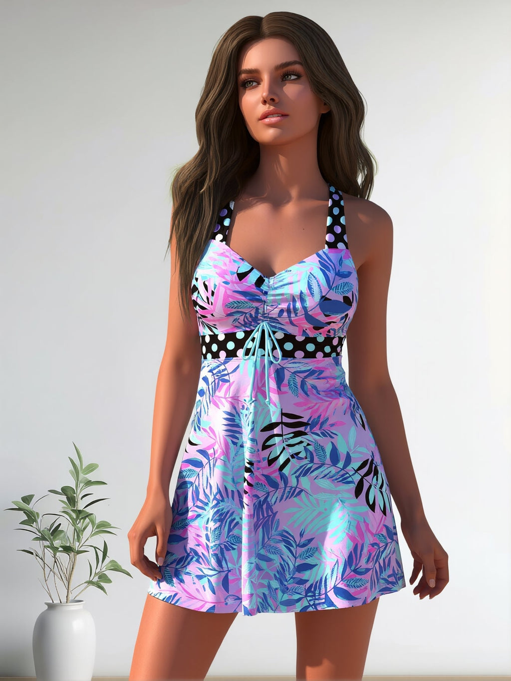High-Neck Tankini Swimsuit – Adjustable Straps Plus Size