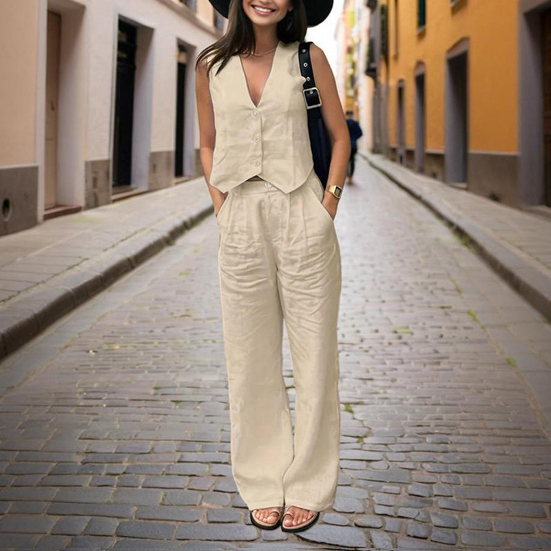 V‑Neck Button‑Front Vest & High‑Waist Pants Set