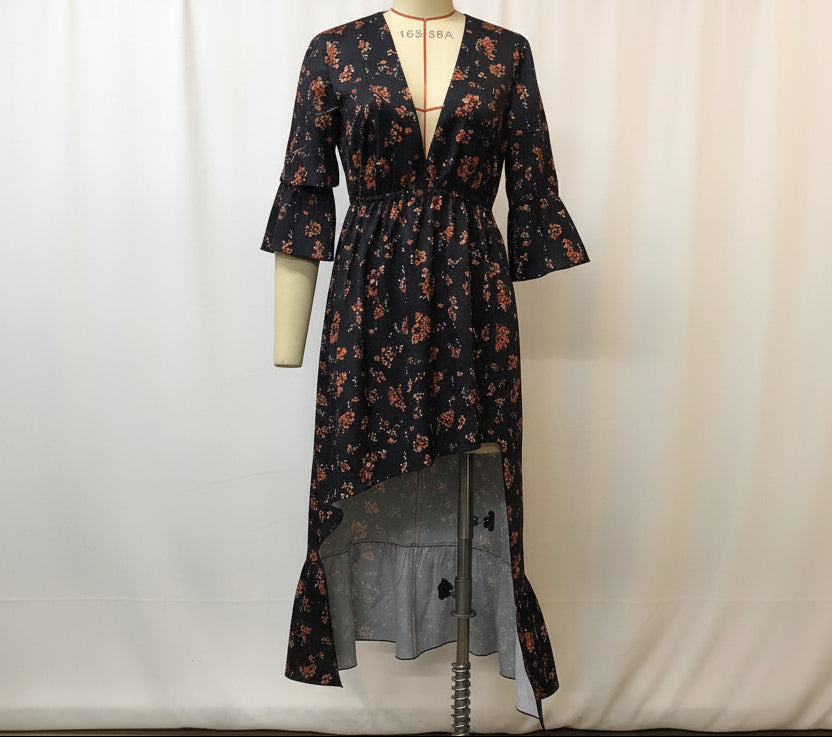 Floral Printed Denim Patchwork Midi Dress — A-Line Half Sleeve