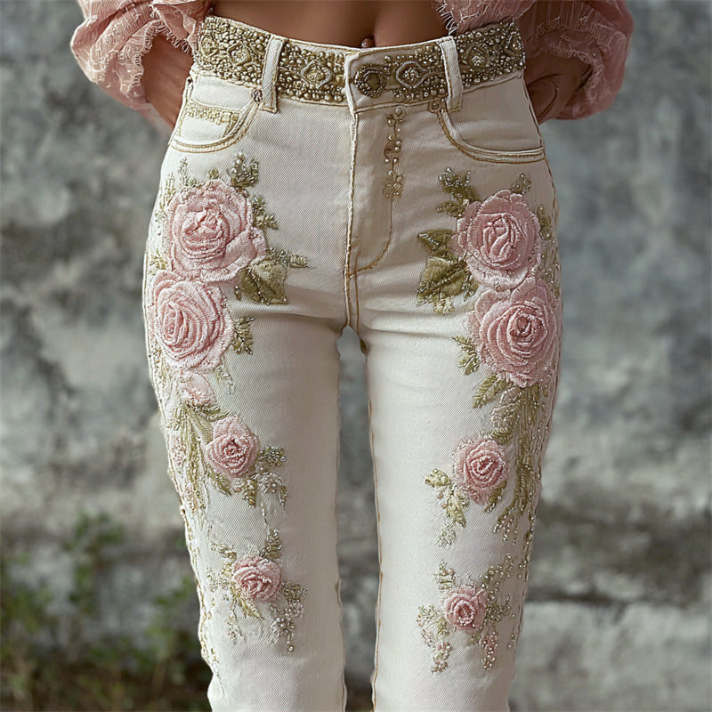 Womens Denim Jeans With Colorful 3D Floral Prints