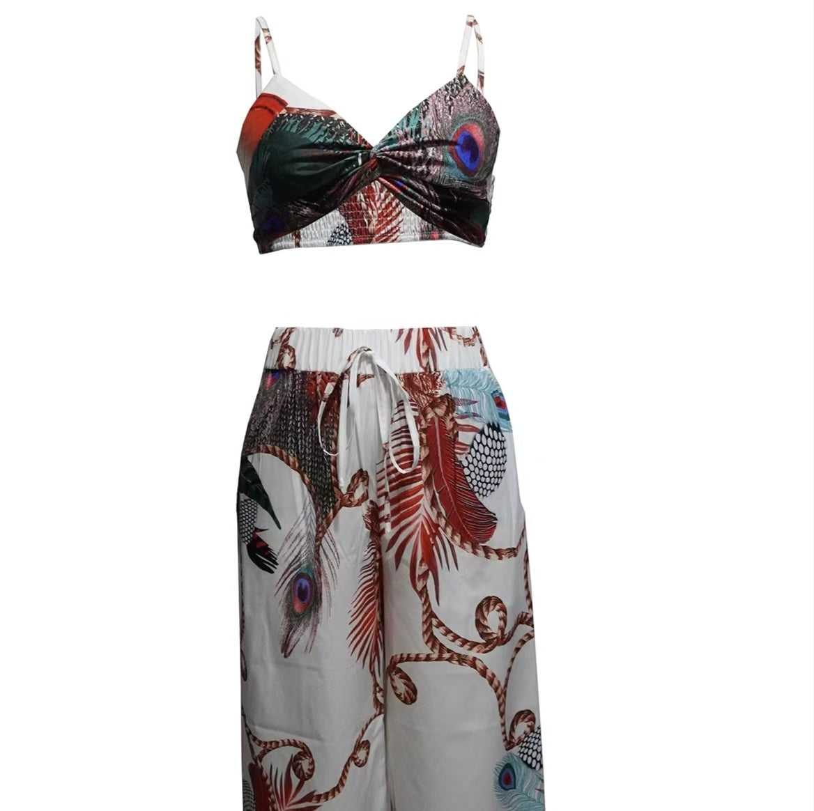 Feather Print Crop Top & Pants Set – 2-Piece Vacation Outfit