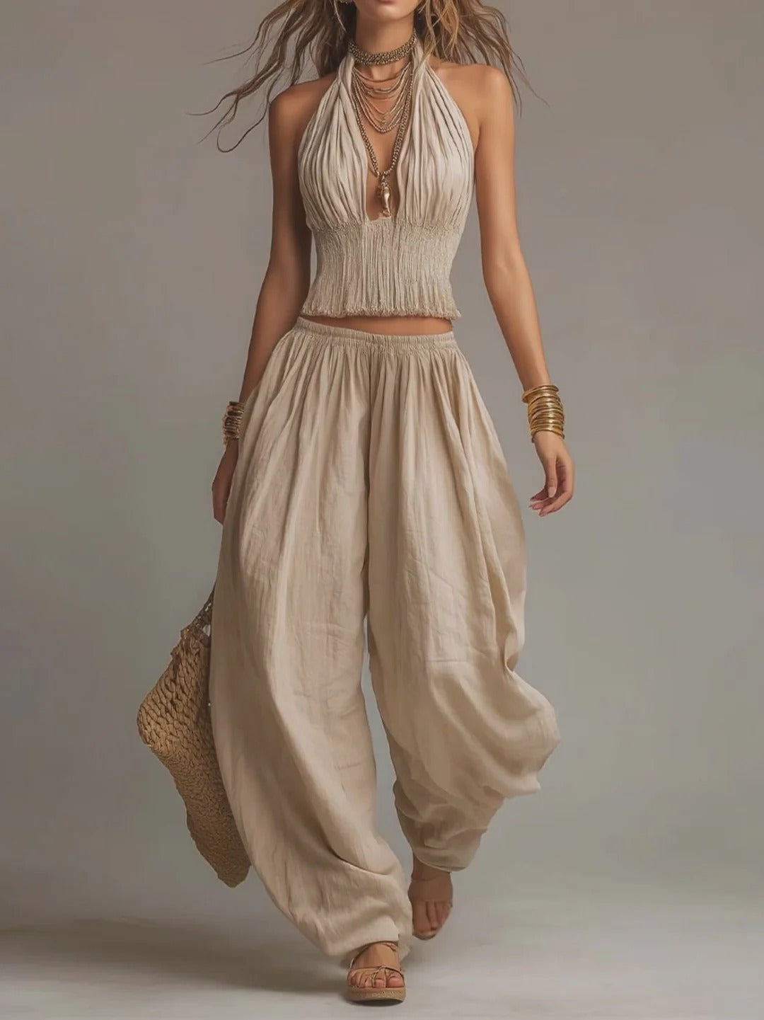 Sleeveless Backless Halter Top & Wide-Leg Pants Set