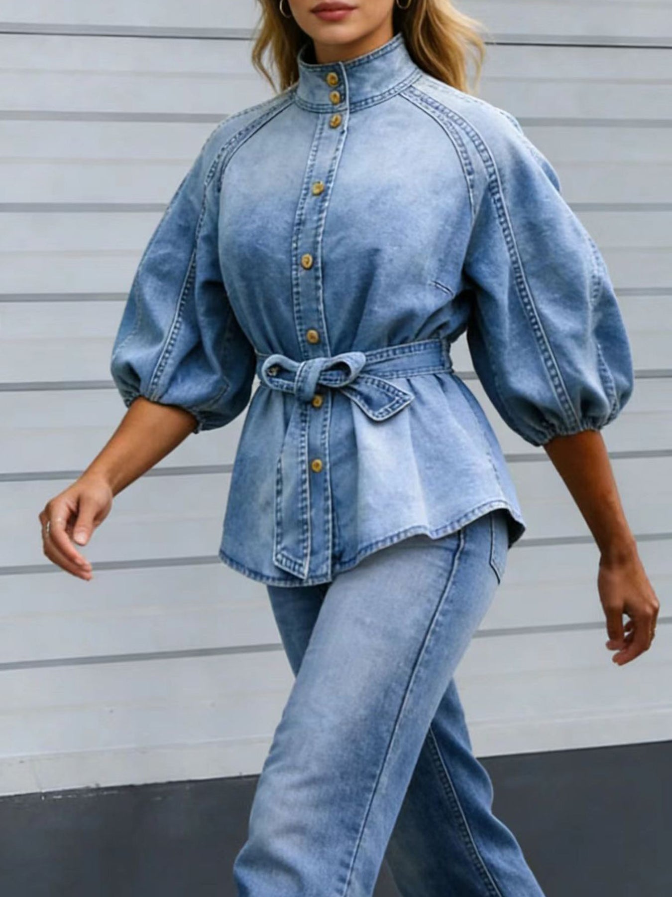 Retro Washed Denim Top | Lantern Sleeve Stand Collar Belted Shirt in Blue | S–XXL