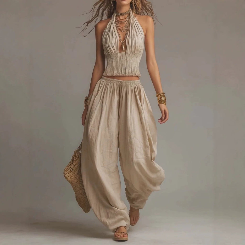 Sleeveless Backless Halter Top & Wide-Leg Pants Set