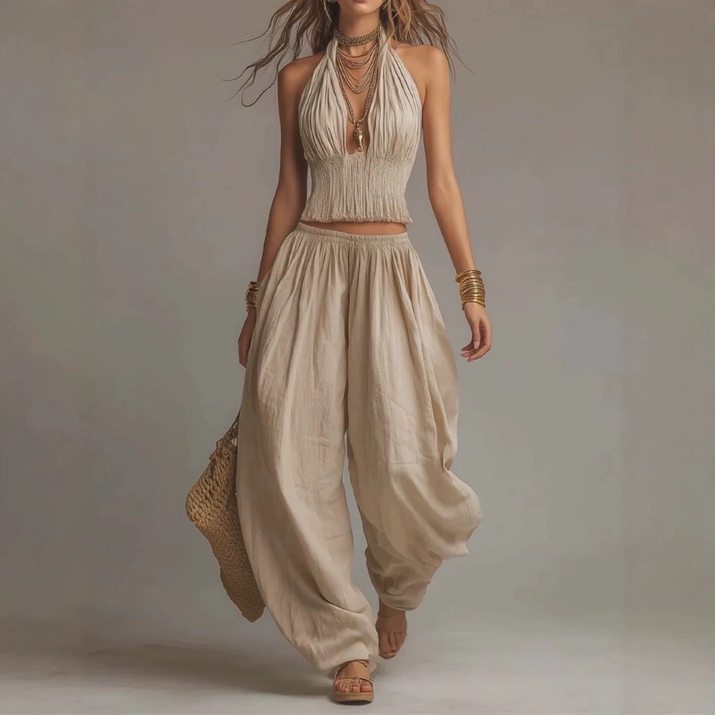 Sleeveless Backless Halter Top & Wide-Leg Pants Set