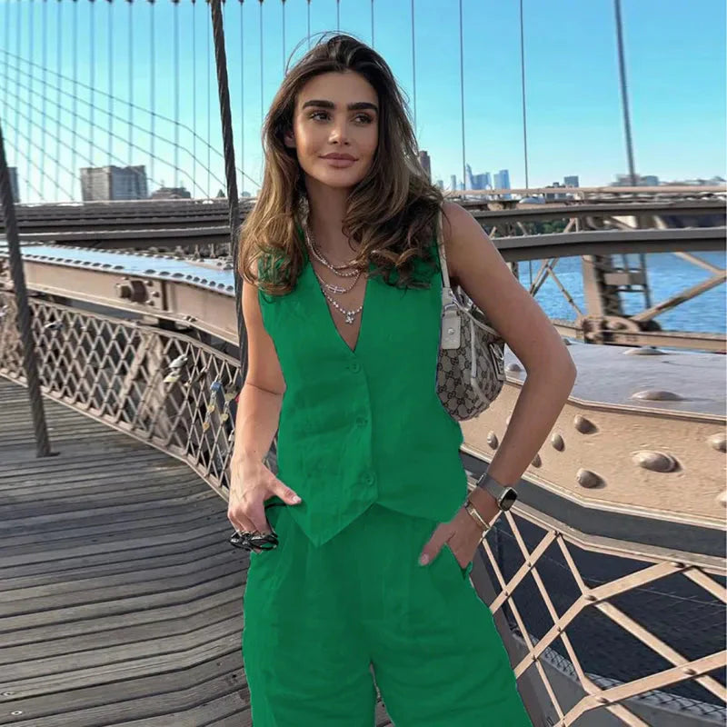V‑Neck Button‑Front Vest & High‑Waist Pants Set
