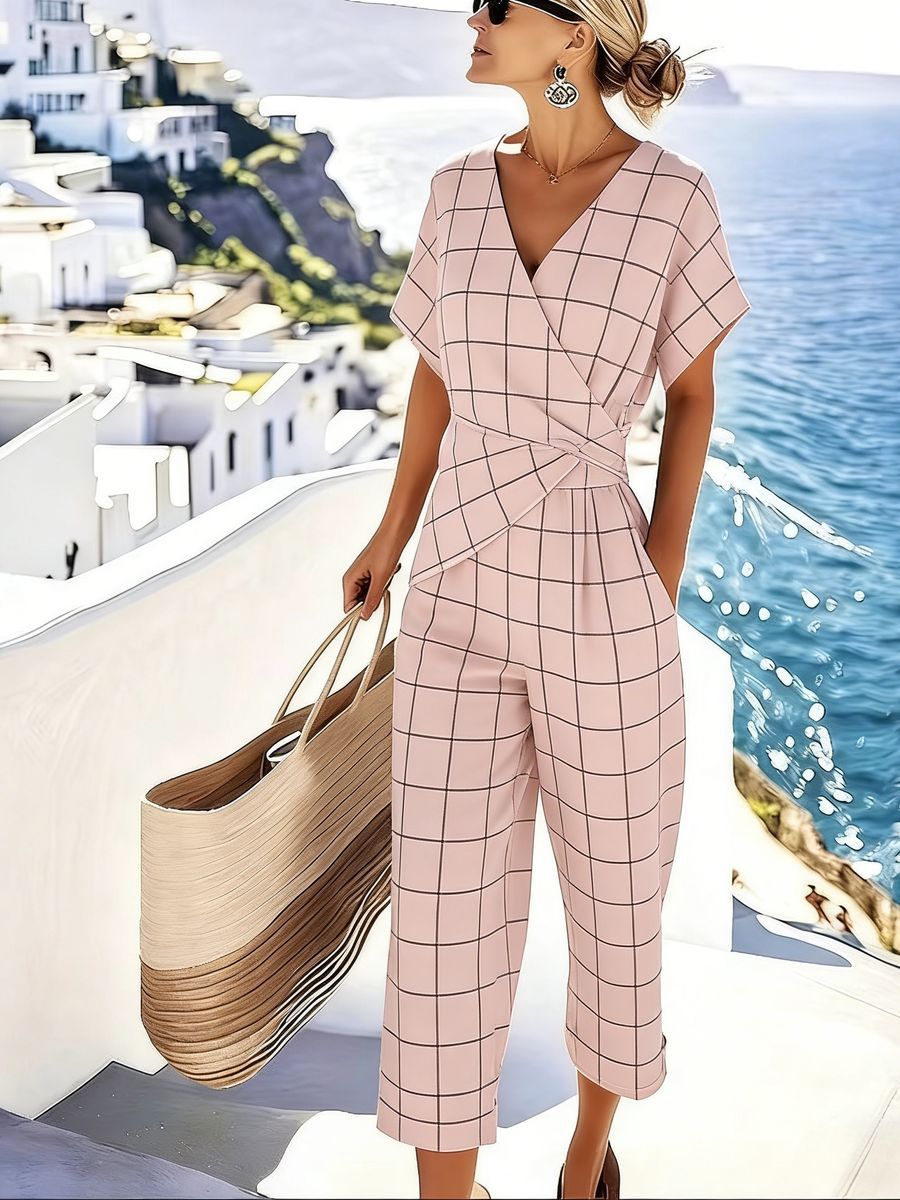 Wrap Around Short-Sleeve Two-Piece Set
