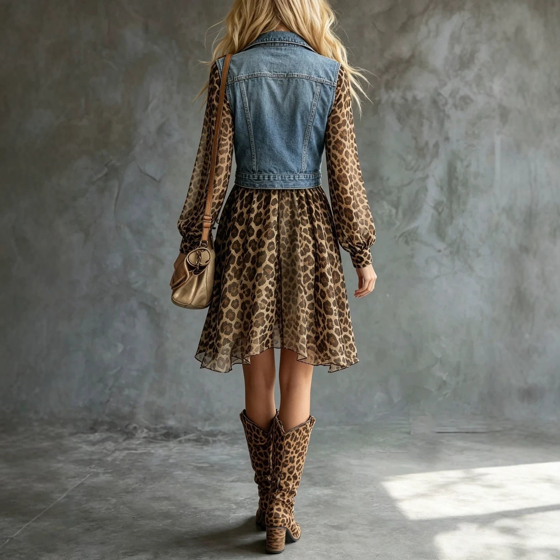 Denim-Look Chiffon Patchwork Long Sleeve Maxi Dress